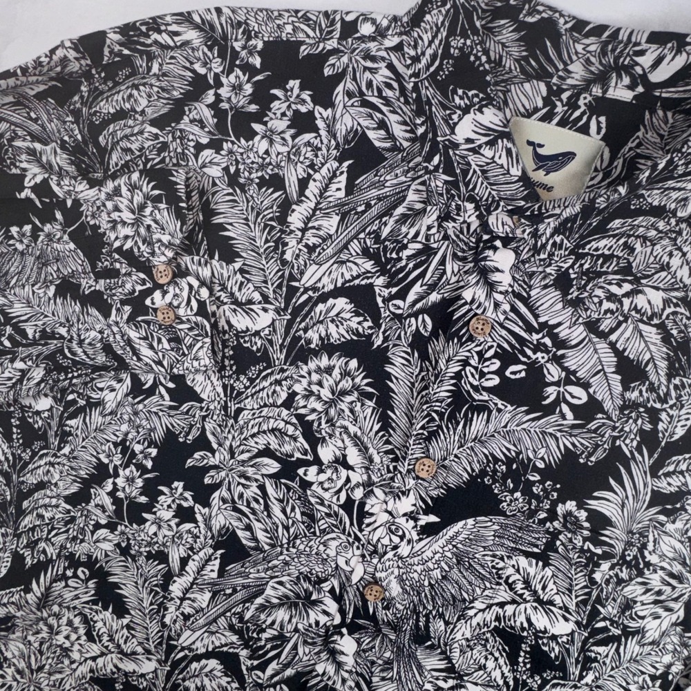 Yiume Button Down Shirt Mens XXXL Black White Tropical Parrot Cotton Long Sleeve